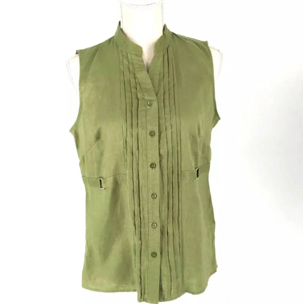 Ecologie Sleeveless Linen Button Front Top Medium Green